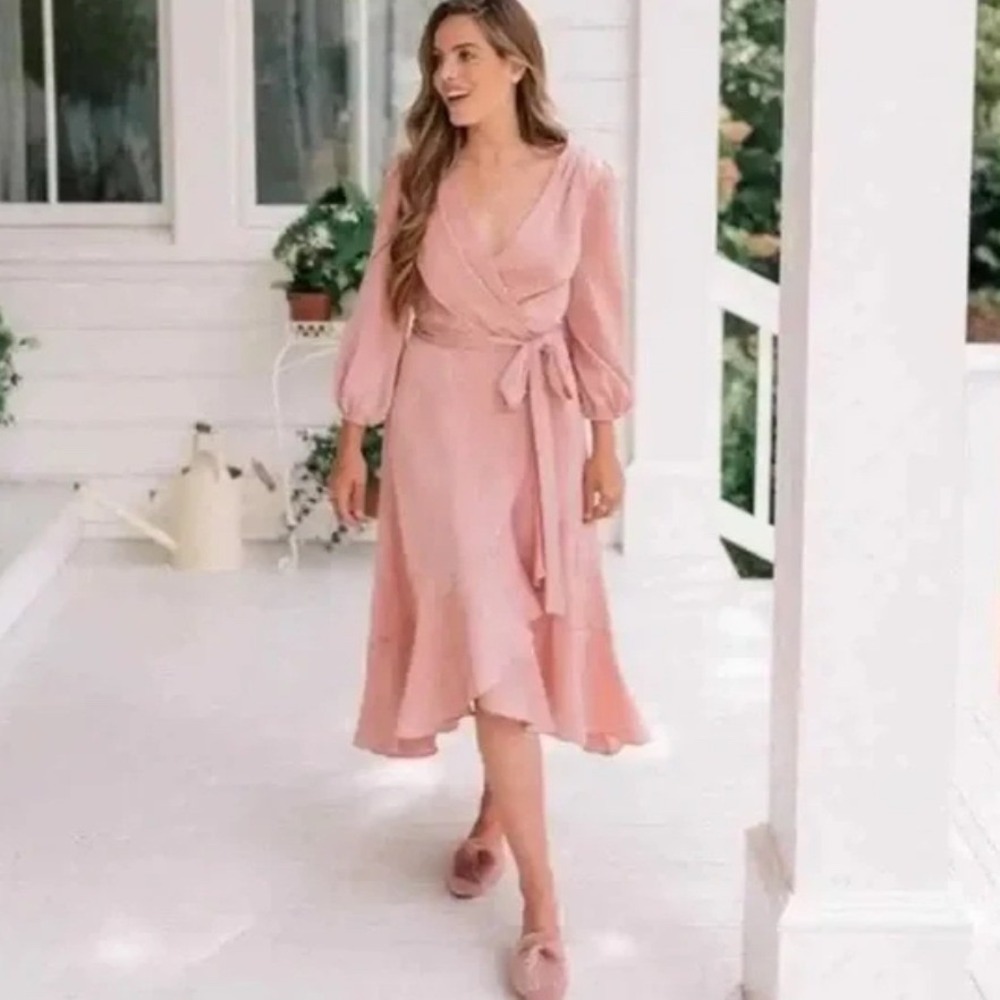 Gal Meets Glam Jennifer‎ Satin Wrap Ruffle Dress in Old Pink Women's Size 0